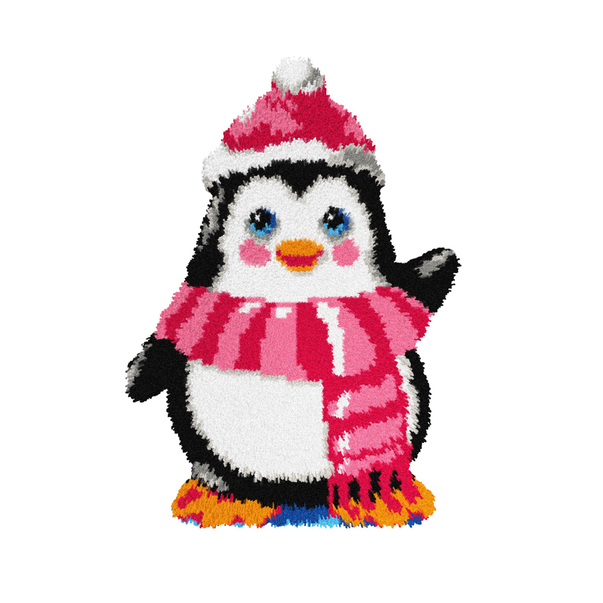 Latch-hook Kit on canvas featuring a Pinguin design, includes yarn, canvas, and tools for crafting a fluffy cushion.